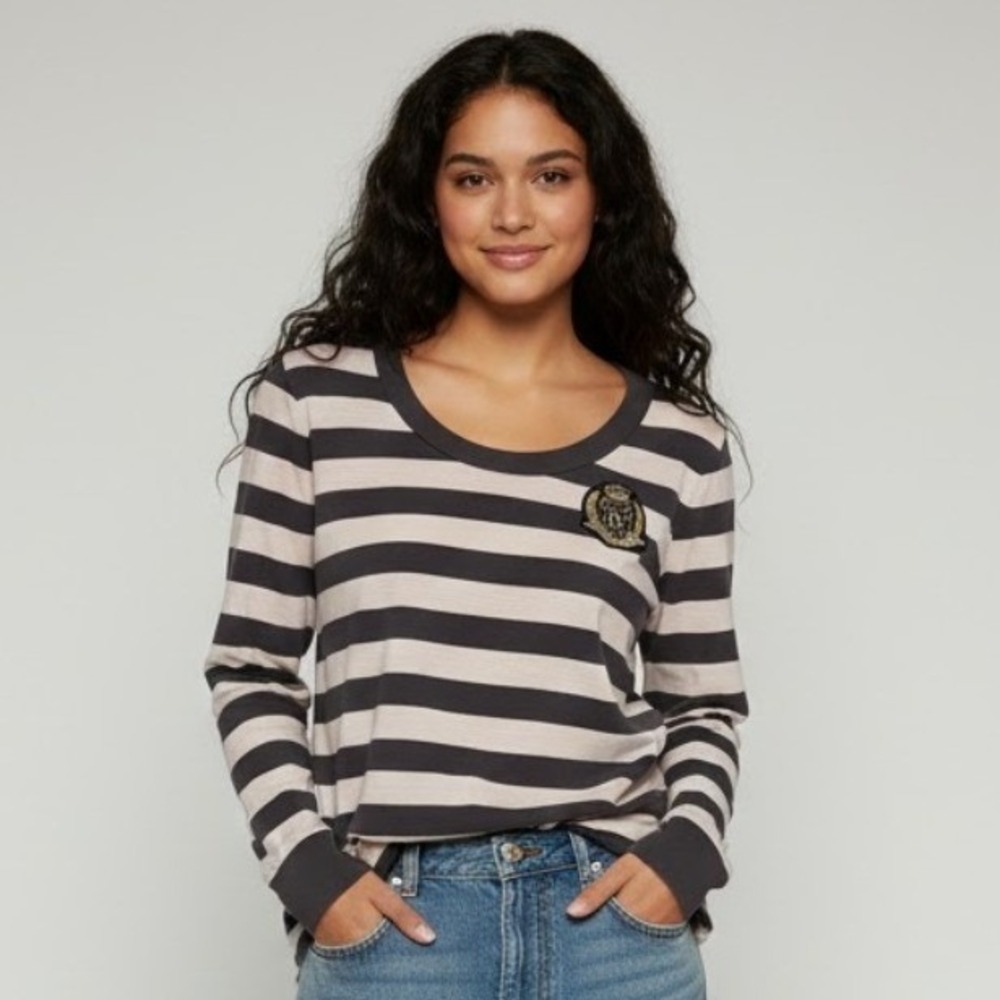 VTG Tommy Hilfiger Women's Long Sleeve Striped‎ Crest Logo T-Shirt L Y2K Preppy